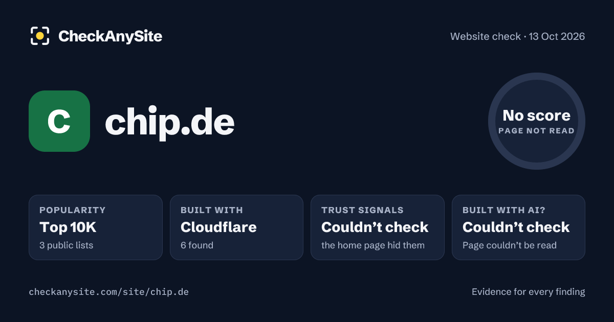 chip.de on CheckAnySite: AI traces couldn’t check, popularity Top 10K, no score.