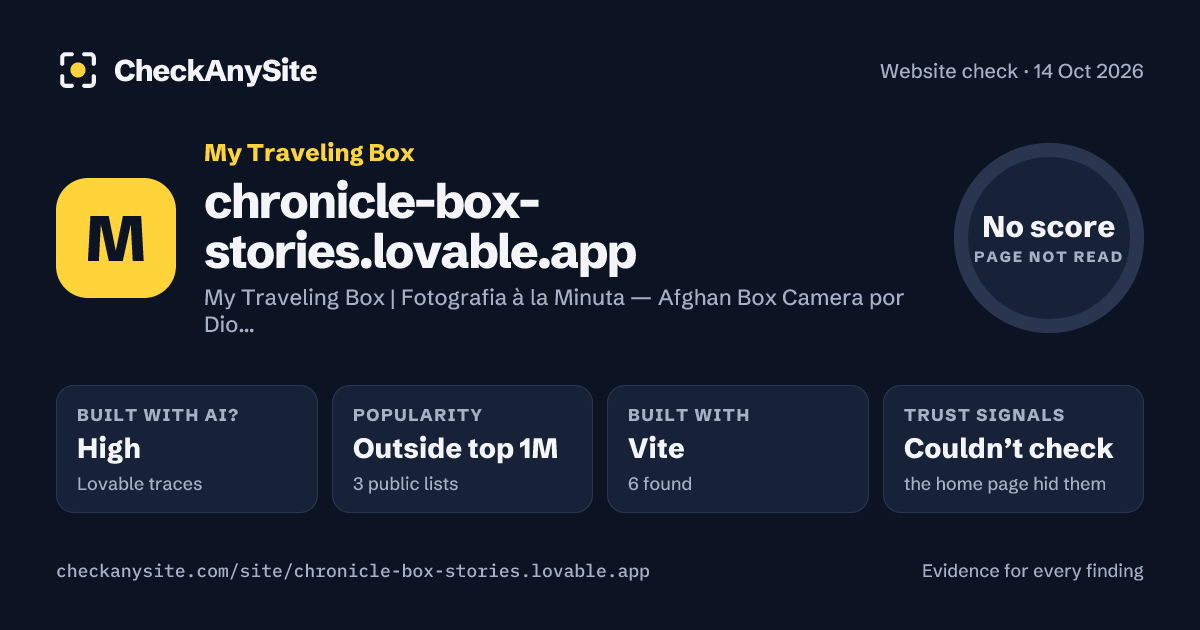 chronicle-box-stories.lovable.app on CheckAnySite: AI traces high, popularity Outside top 1M, no score.