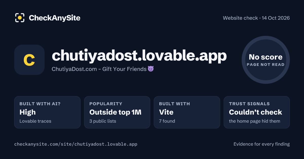 chutiyadost.lovable.app on CheckAnySite: AI traces high, popularity Outside top 1M, no score.
