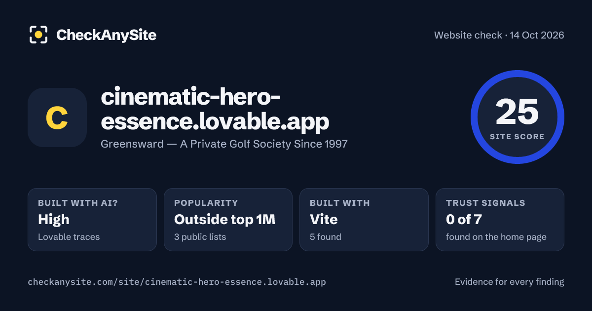 cinematic-hero-essence.lovable.app on CheckAnySite: AI traces high, popularity Outside top 1M, site score 25 of 100.