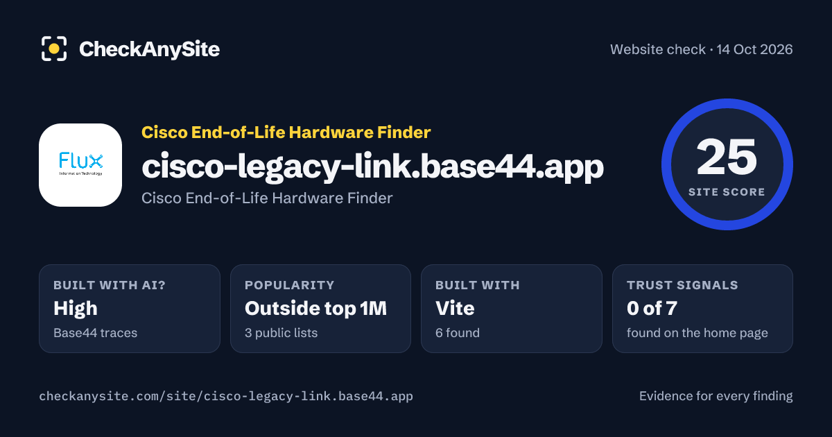 cisco-legacy-link.base44.app on CheckAnySite: AI traces high, popularity Outside top 1M, site score 25 of 100.