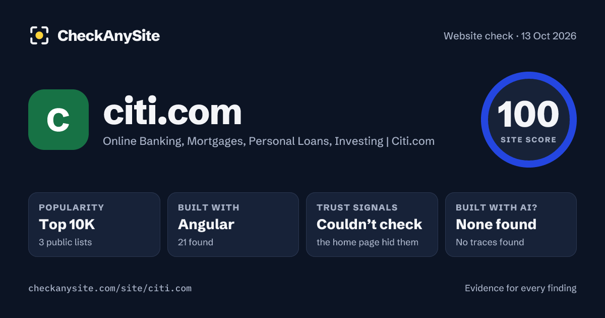 citi.com on CheckAnySite: AI traces none found, popularity Top 10K, site score 100 of 100.