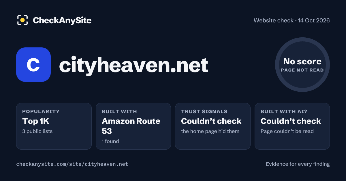 cityheaven.net on CheckAnySite: AI traces couldn’t check, popularity Top 1K, no score.