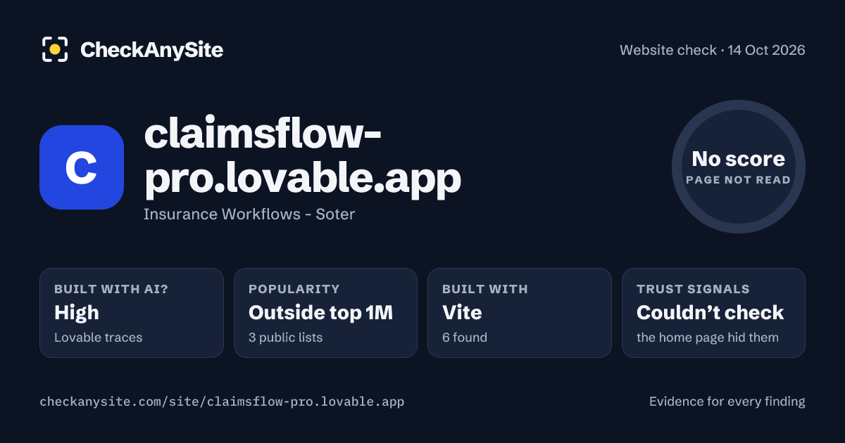 claimsflow-pro.lovable.app on CheckAnySite: AI traces high, popularity Outside top 1M, no score.