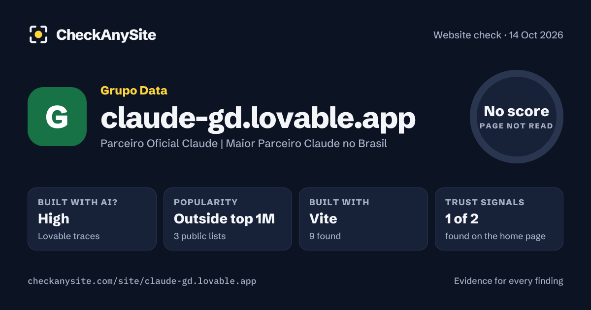 claude-gd.lovable.app on CheckAnySite: AI traces high, popularity Outside top 1M, no score.