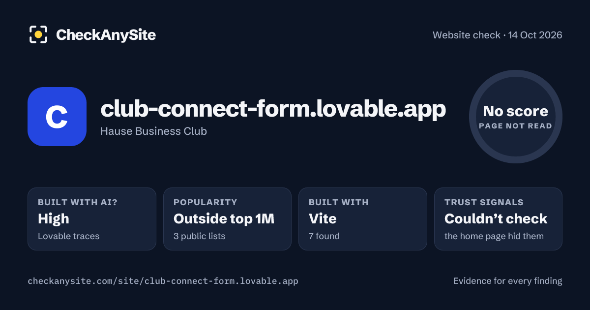 club-connect-form.lovable.app on CheckAnySite: AI traces high, popularity Outside top 1M, no score.