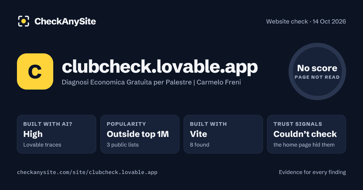 clubcheck.lovable.app on CheckAnySite: AI traces high, popularity Outside top 1M, no score.