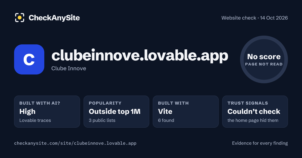 clubeinnove.lovable.app on CheckAnySite: AI traces high, popularity Outside top 1M, no score.