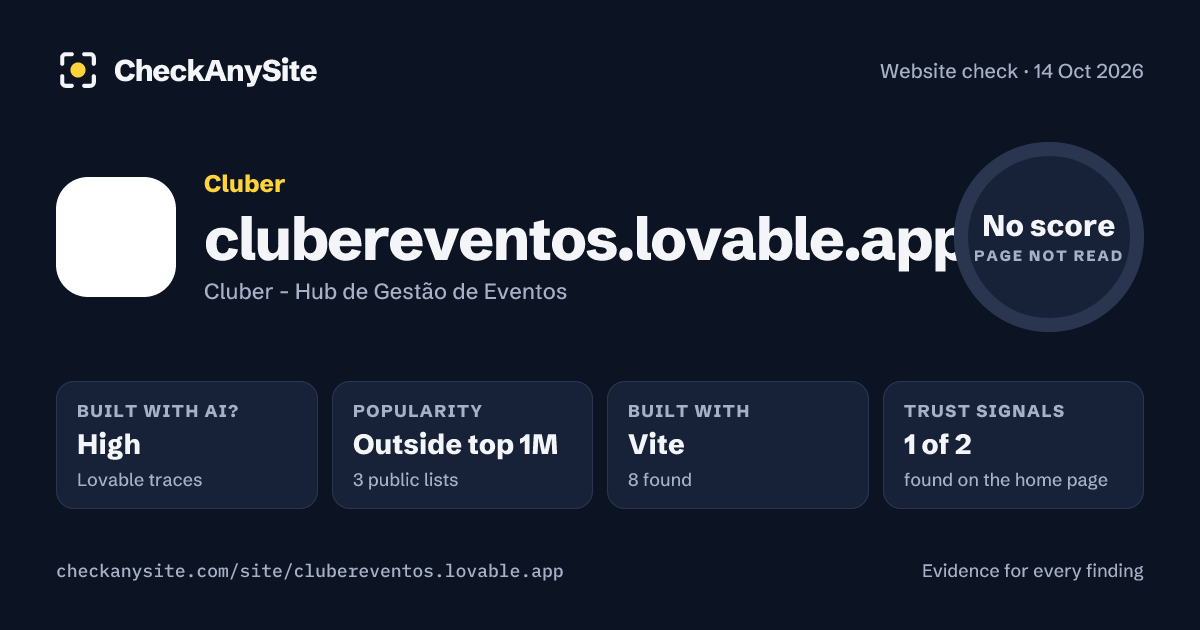clubereventos.lovable.app on CheckAnySite: AI traces high, popularity Outside top 1M, no score.
