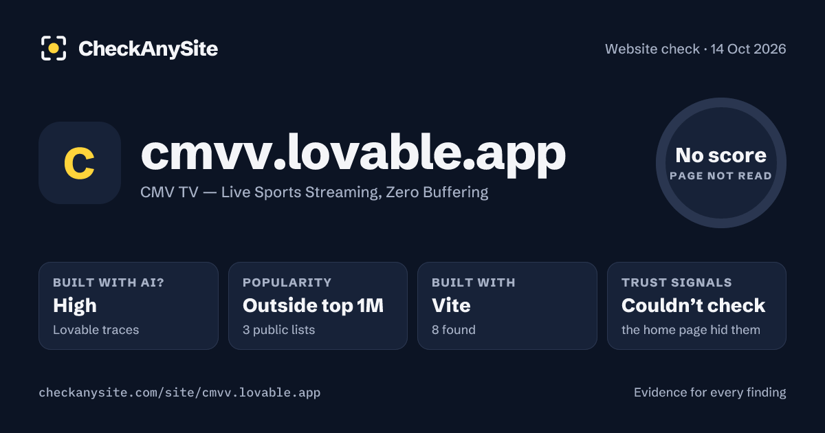 cmvv.lovable.app on CheckAnySite: AI traces high, popularity Outside top 1M, no score.