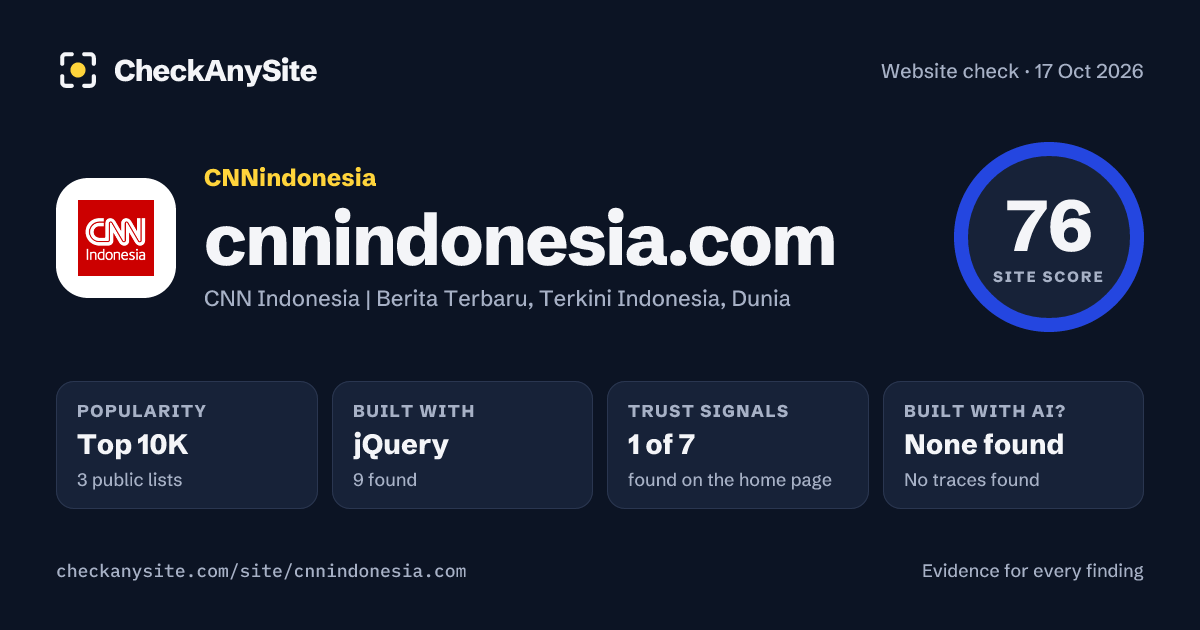 cnnindonesia.com on CheckAnySite: AI traces none found, popularity Top 10K, site score 76 of 100.