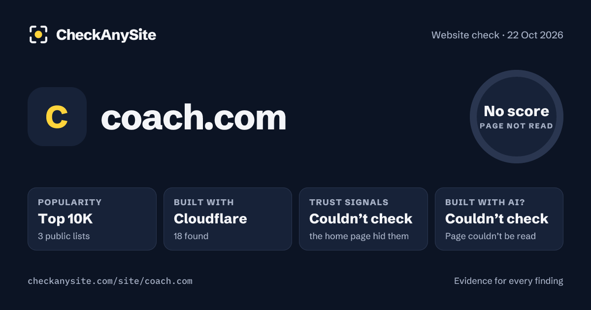 coach.com on CheckAnySite: AI traces couldn’t check, popularity Top 10K, no score.