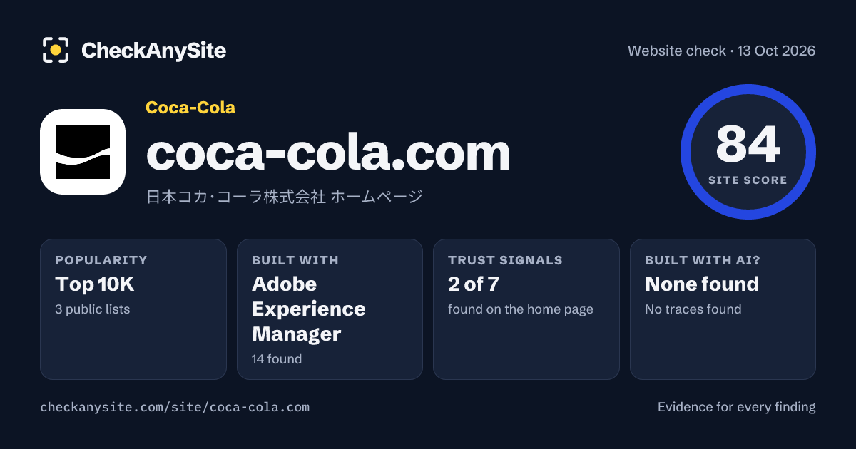 coca-cola.com on CheckAnySite: AI traces none found, popularity Top 10K, site score 84 of 100.