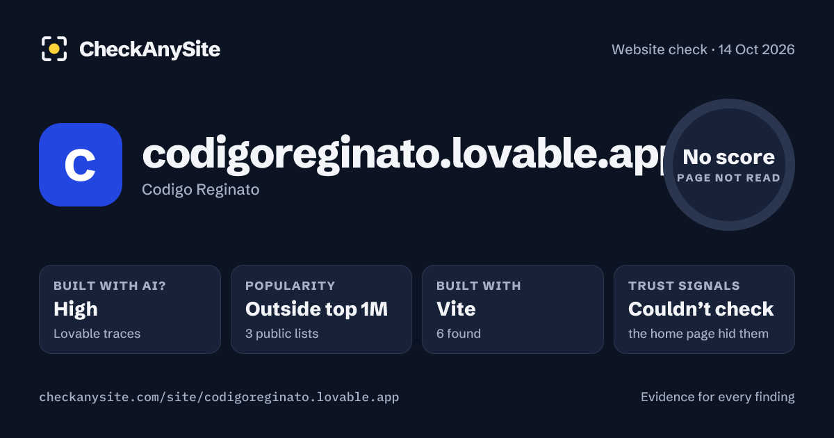 codigoreginato.lovable.app on CheckAnySite: AI traces high, popularity Outside top 1M, no score.