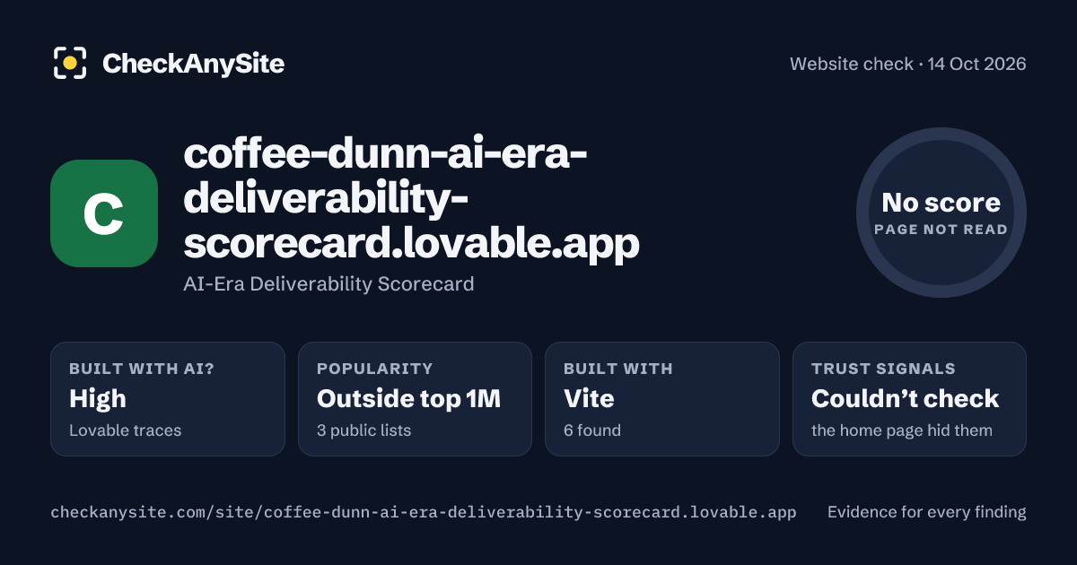 coffee-dunn-ai-era-deliverability-scorecard.lovable.app on CheckAnySite: AI traces high, popularity Outside top 1M, no score.