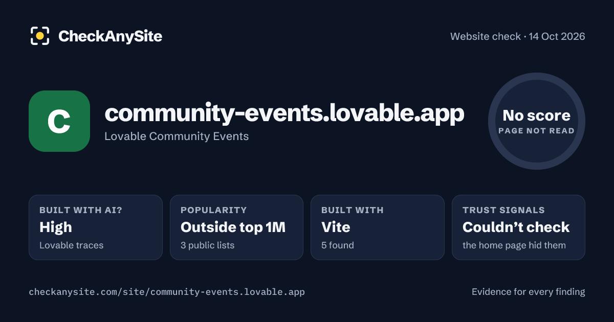 community-events.lovable.app on CheckAnySite: AI traces high, popularity Outside top 1M, no score.