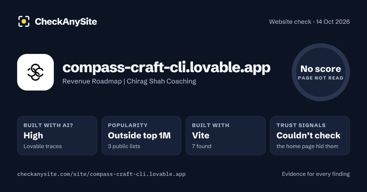 compass-craft-cli.lovable.app on CheckAnySite: AI traces high, popularity Outside top 1M, no score.