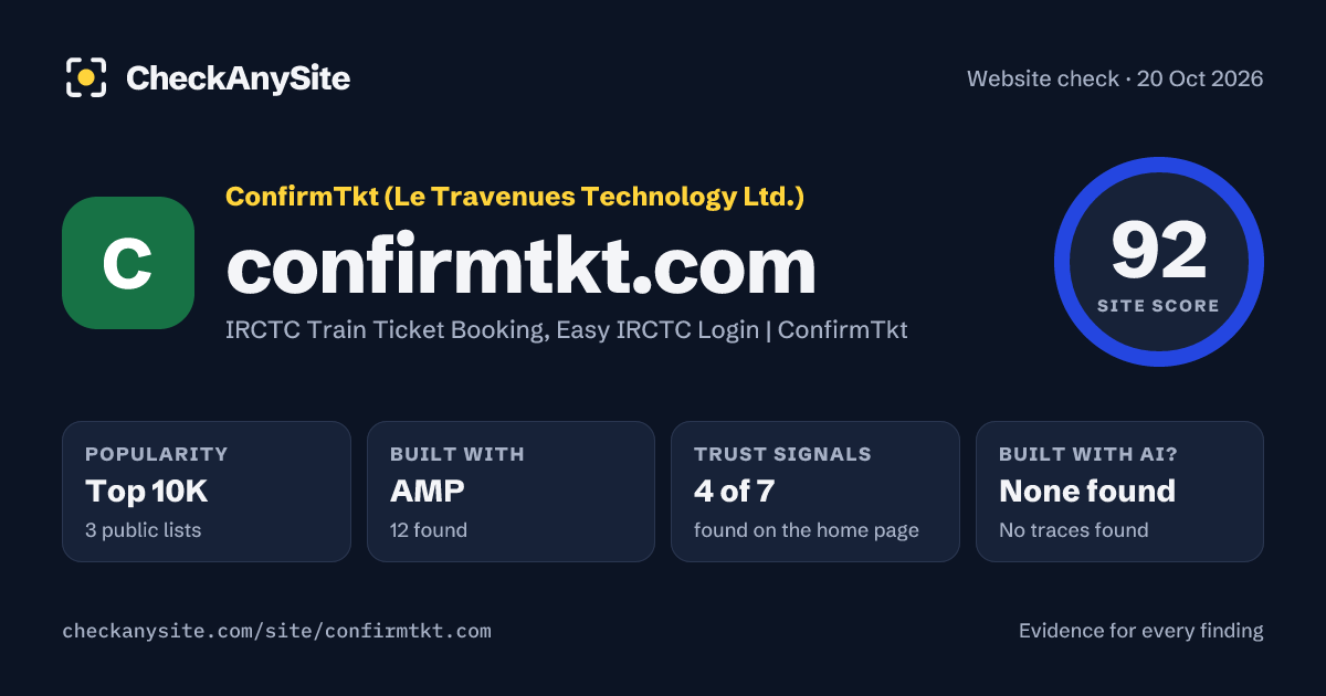 confirmtkt.com on CheckAnySite: AI traces none found, popularity Top 10K, site score 92 of 100.