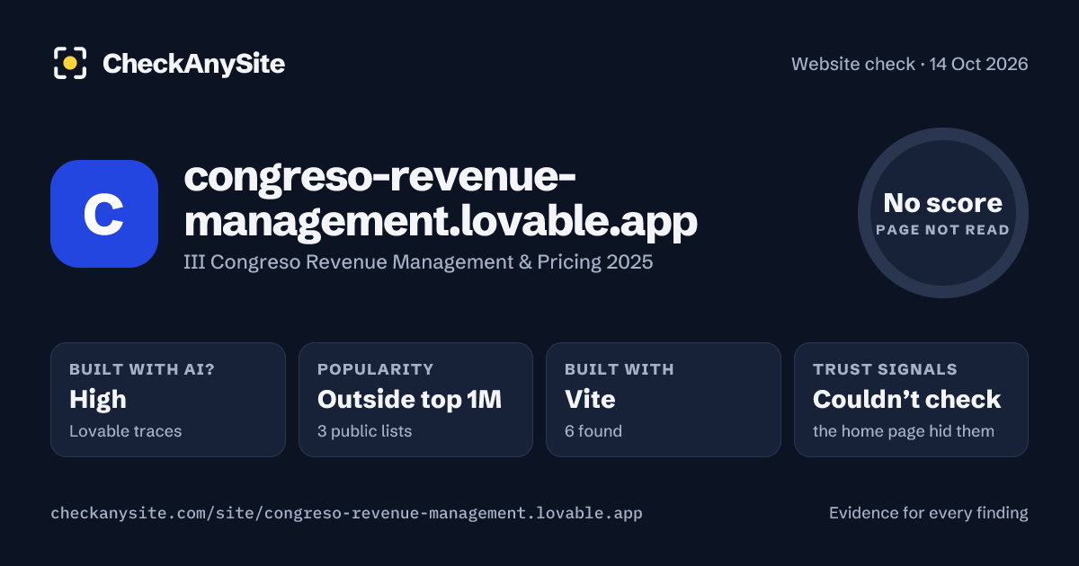 congreso-revenue-management.lovable.app on CheckAnySite: AI traces high, popularity Outside top 1M, no score.