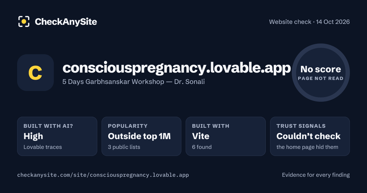 consciouspregnancy.lovable.app on CheckAnySite: AI traces high, popularity Outside top 1M, no score.