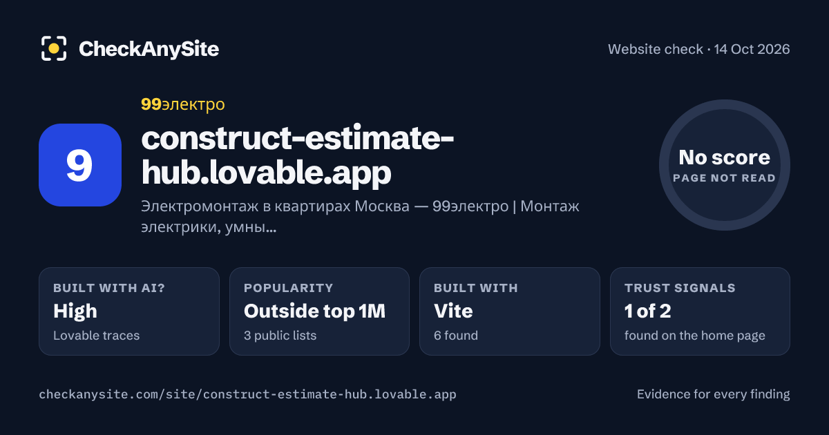 construct-estimate-hub.lovable.app on CheckAnySite: AI traces high, popularity Outside top 1M, no score.