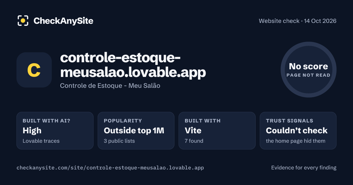 controle-estoque-meusalao.lovable.app on CheckAnySite: AI traces high, popularity Outside top 1M, no score.