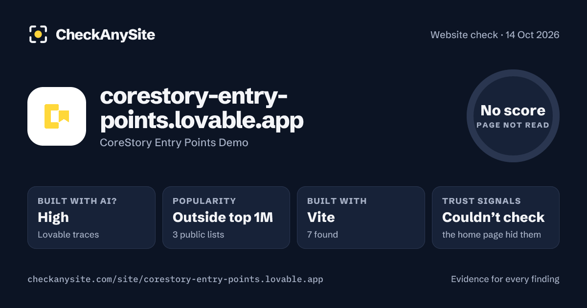 corestory-entry-points.lovable.app on CheckAnySite: AI traces high, popularity Outside top 1M, no score.