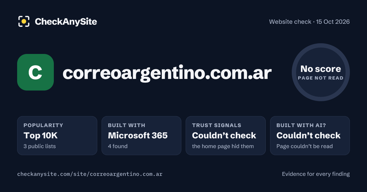 correoargentino.com.ar on CheckAnySite: AI traces couldn’t check, popularity Top 10K, no score.