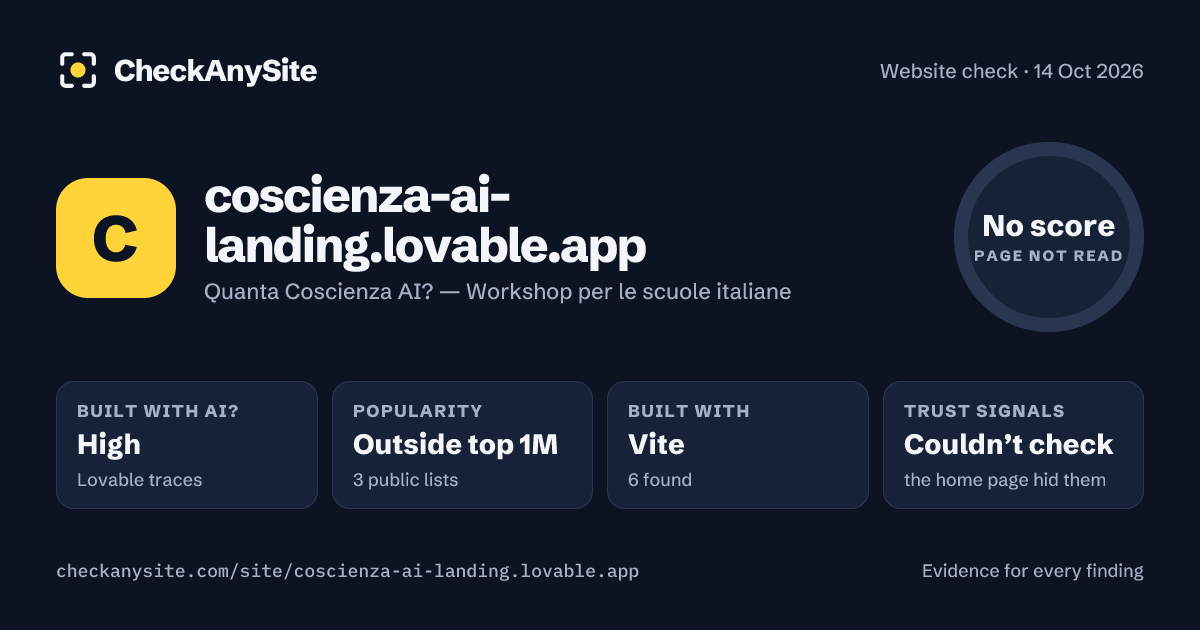 coscienza-ai-landing.lovable.app on CheckAnySite: AI traces high, popularity Outside top 1M, no score.