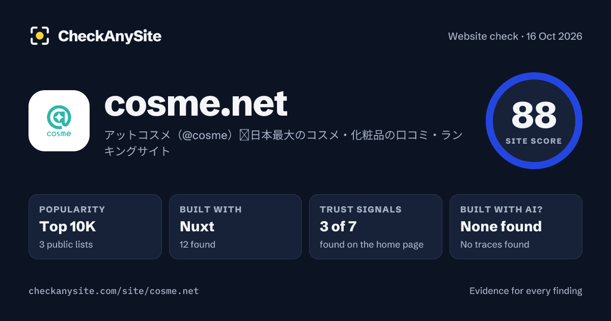 cosme.net on CheckAnySite: AI traces none found, popularity Top 10K, site score 88 of 100.