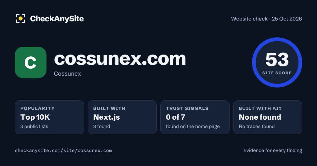 cossunex.com on CheckAnySite: AI traces none found, popularity Top 10K, site score 53 of 100.