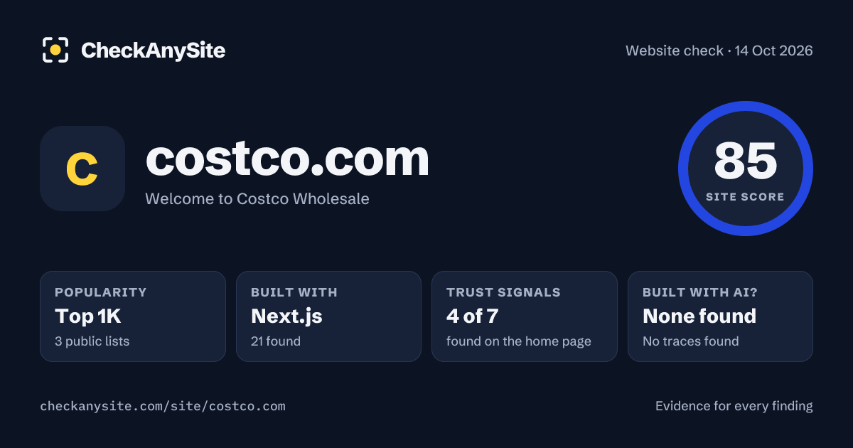 costco.com on CheckAnySite: AI traces none found, popularity Top 1K, site score 85 of 100.