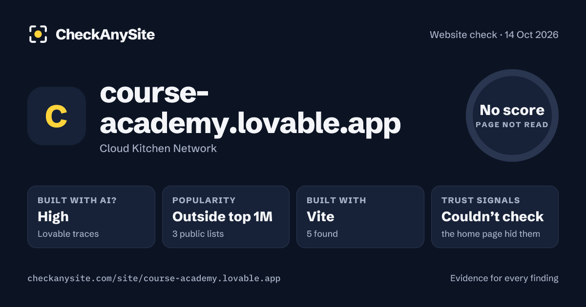 course-academy.lovable.app on CheckAnySite: AI traces high, popularity Outside top 1M, no score.