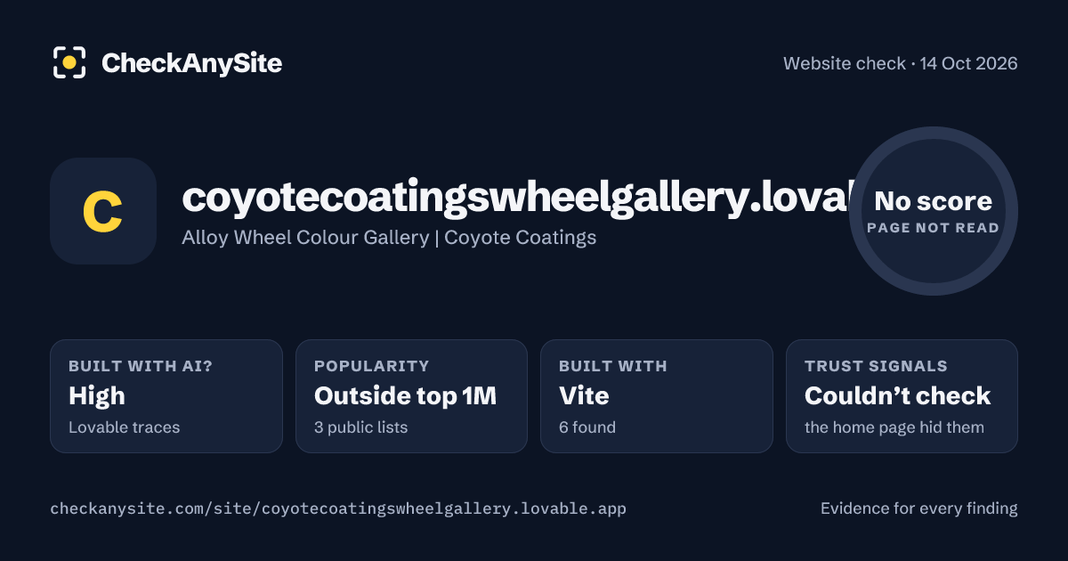 coyotecoatingswheelgallery.lovable.app on CheckAnySite: AI traces high, popularity Outside top 1M, no score.
