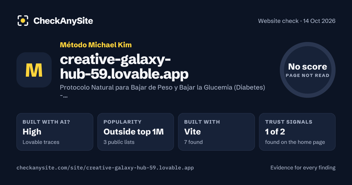 creative-galaxy-hub-59.lovable.app on CheckAnySite: AI traces high, popularity Outside top 1M, no score.