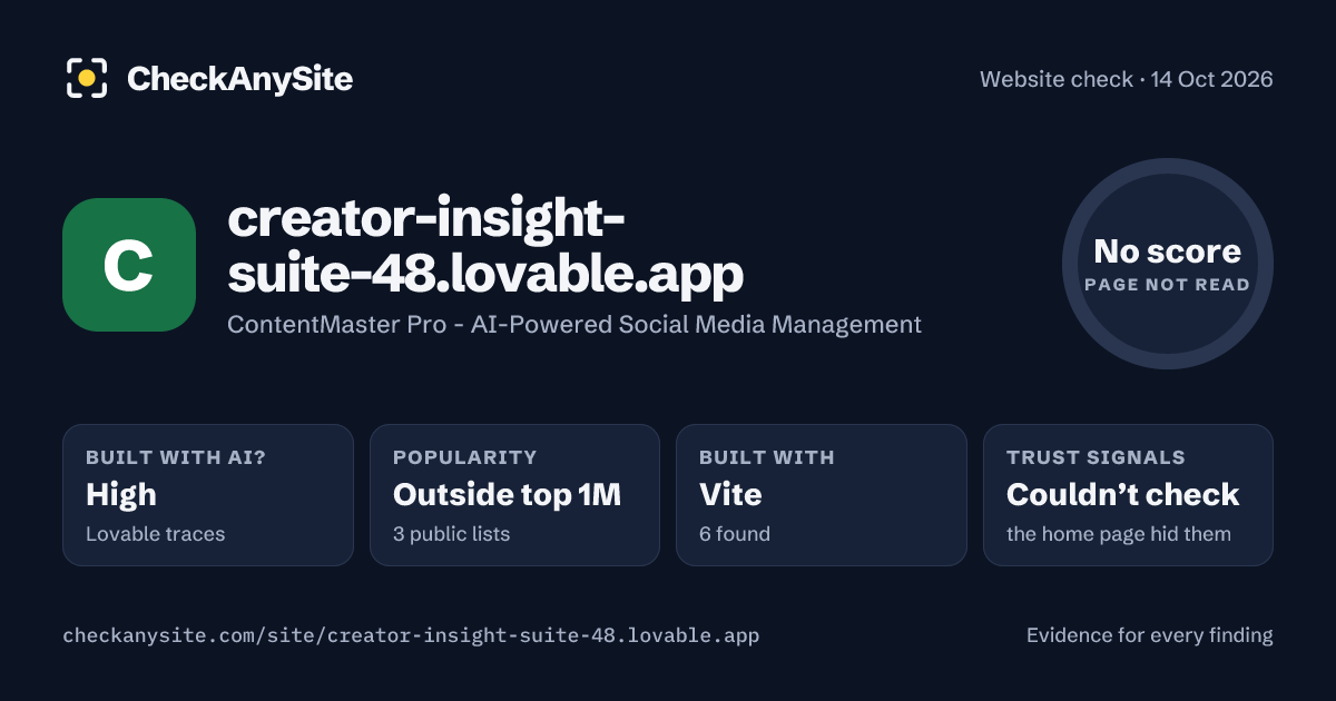 creator-insight-suite-48.lovable.app on CheckAnySite: AI traces high, popularity Outside top 1M, no score.