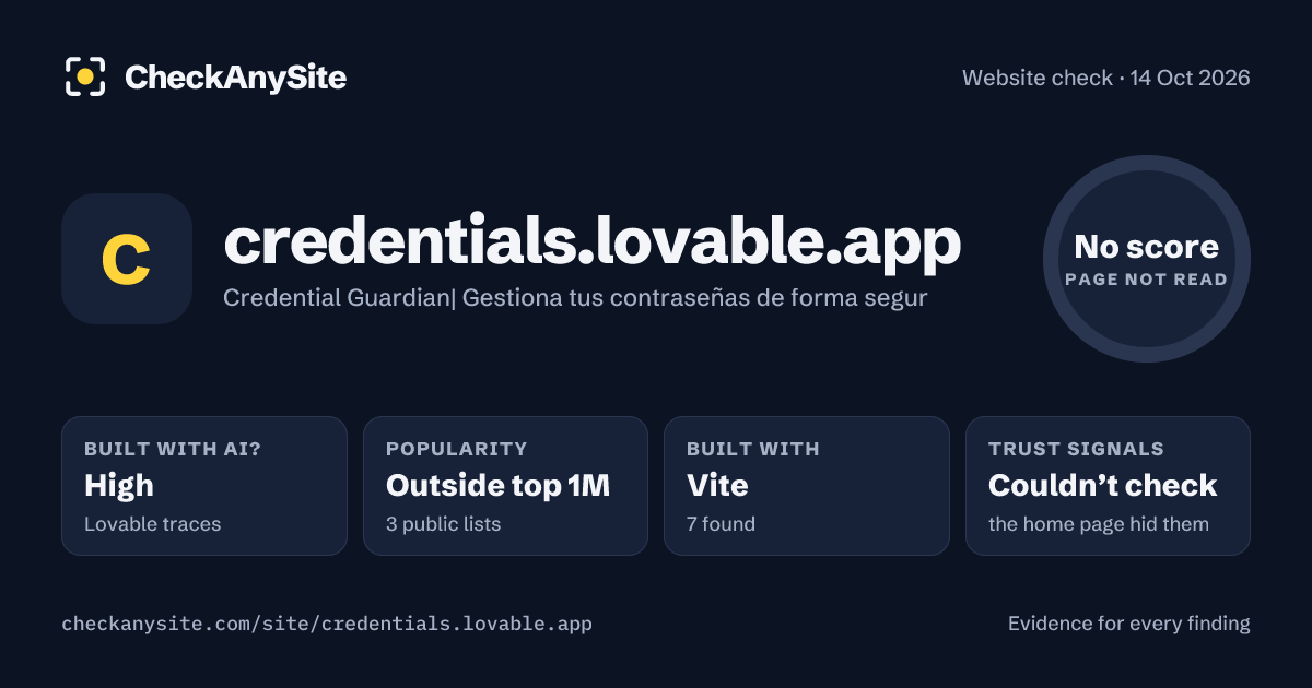 credentials.lovable.app on CheckAnySite: AI traces high, popularity Outside top 1M, no score.