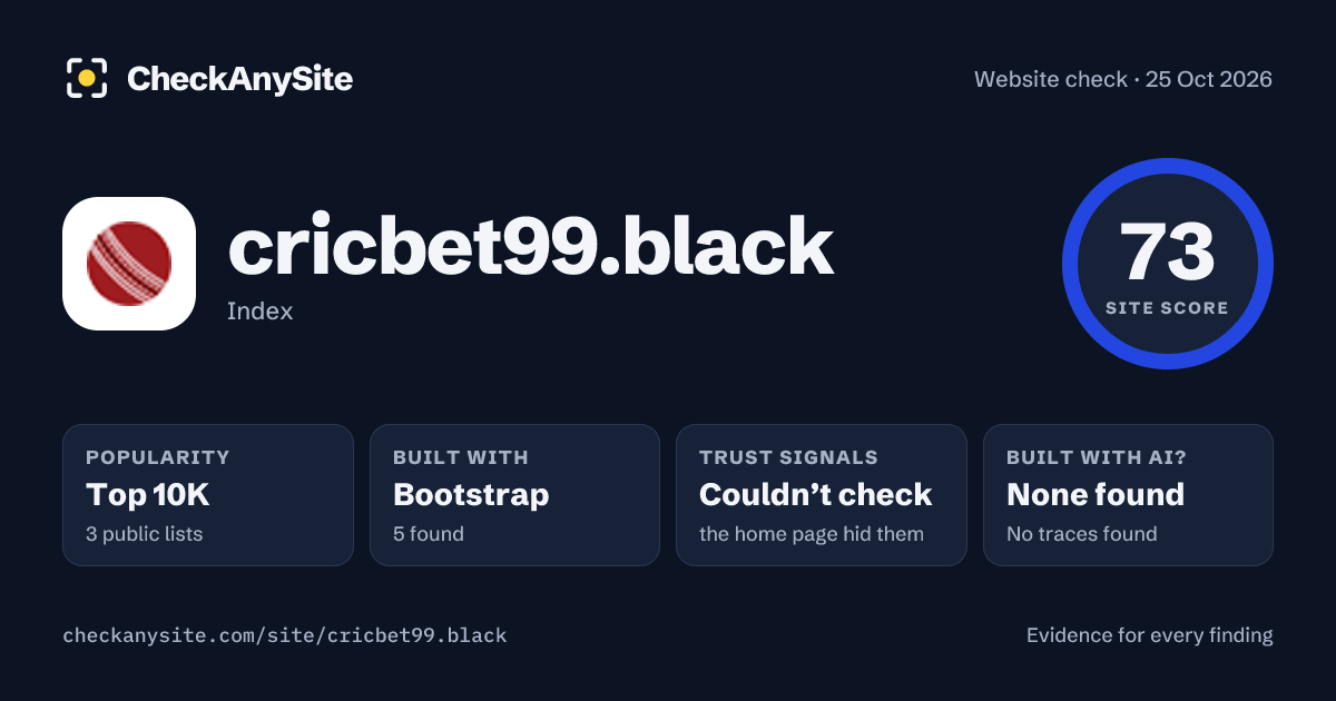 cricbet99.black on CheckAnySite: AI traces none found, popularity Top 10K, site score 73 of 100.
