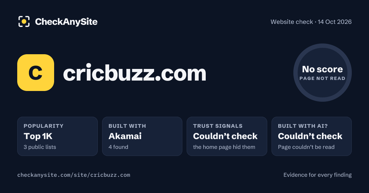 cricbuzz.com on CheckAnySite: AI traces couldn’t check, popularity Top 1K, no score.