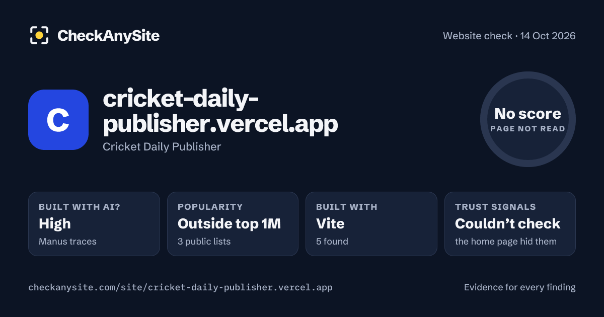 cricket-daily-publisher.vercel.app on CheckAnySite: AI traces high, popularity Outside top 1M, no score.