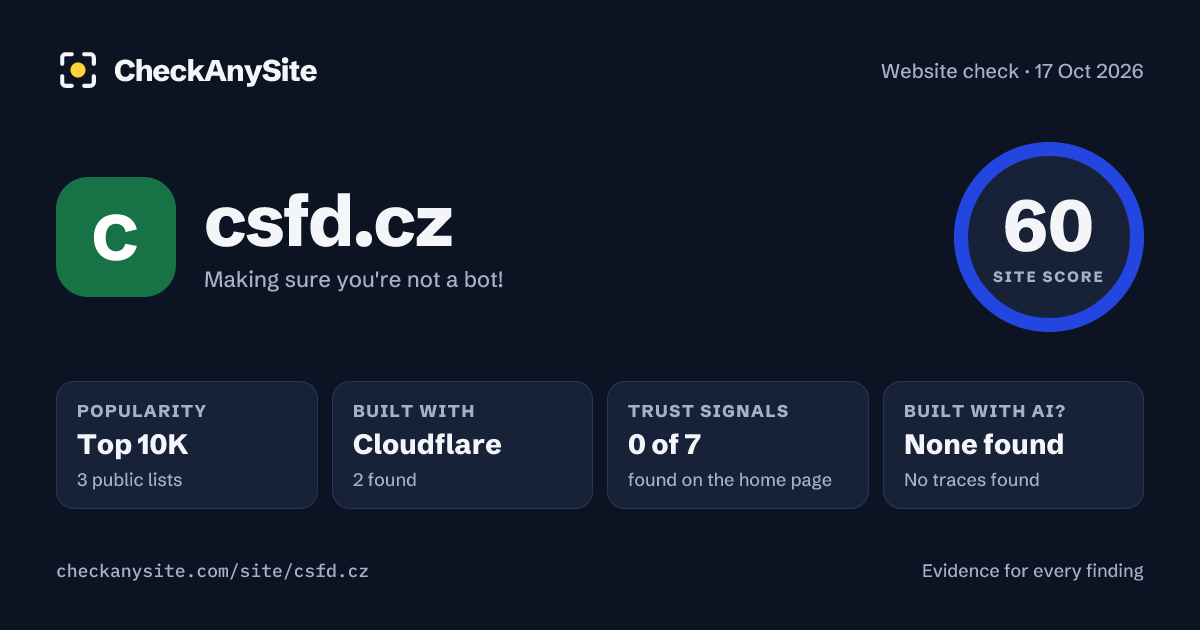 csfd.cz on CheckAnySite: AI traces none found, popularity Top 10K, site score 60 of 100.