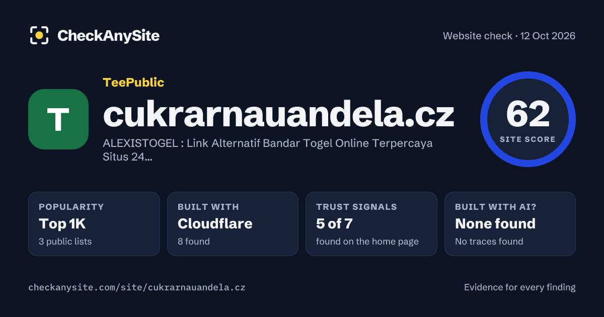 cukrarnauandela.cz on CheckAnySite: AI traces none found, popularity Top 1K, site score 62 of 100.