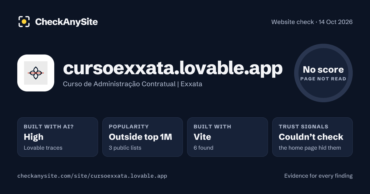 cursoexxata.lovable.app on CheckAnySite: AI traces high, popularity Outside top 1M, no score.