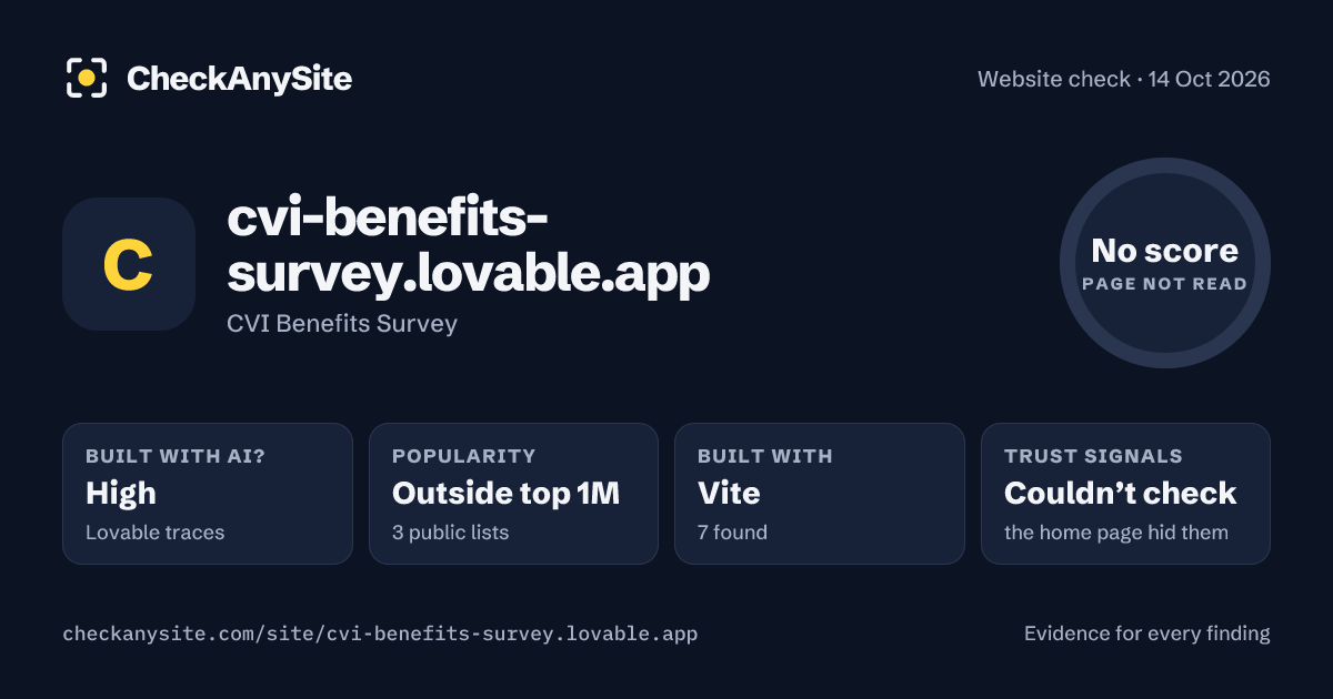 cvi-benefits-survey.lovable.app on CheckAnySite: AI traces high, popularity Outside top 1M, no score.