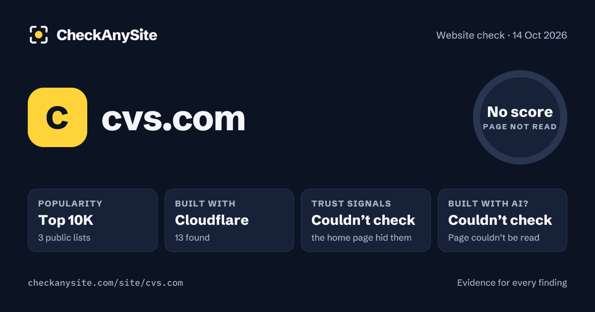 cvs.com on CheckAnySite: AI traces couldn’t check, popularity Top 10K, no score.