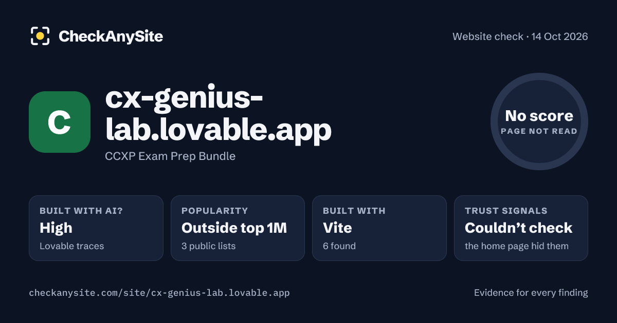 cx-genius-lab.lovable.app on CheckAnySite: AI traces high, popularity Outside top 1M, no score.