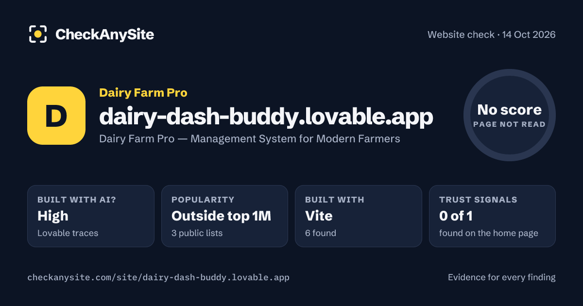 dairy-dash-buddy.lovable.app on CheckAnySite: AI traces high, popularity Outside top 1M, no score.