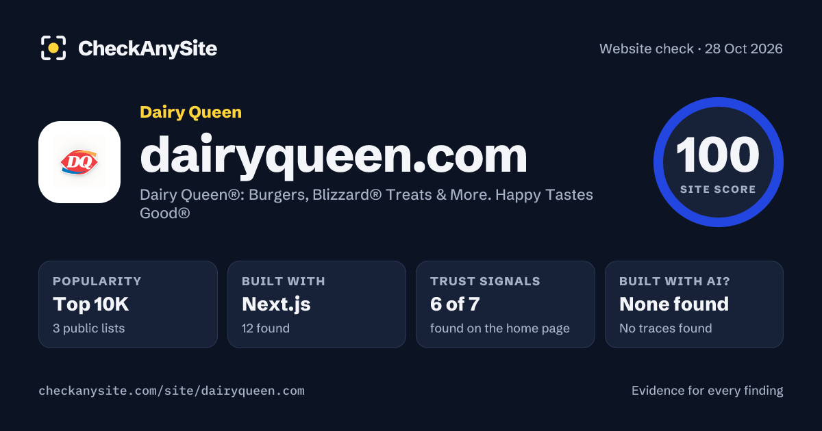 dairyqueen.com on CheckAnySite: AI traces none found, popularity Top 10K, site score 100 of 100.