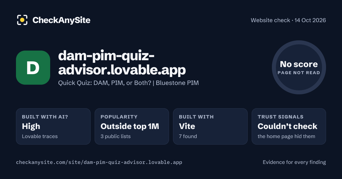 dam-pim-quiz-advisor.lovable.app on CheckAnySite: AI traces high, popularity Outside top 1M, no score.