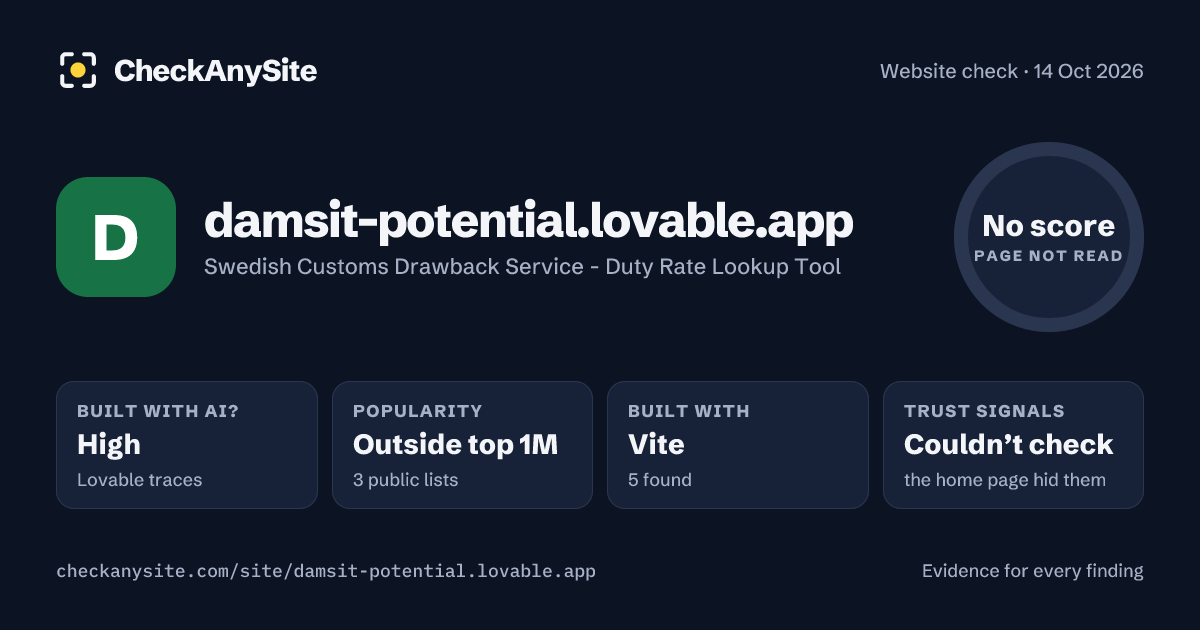 damsit-potential.lovable.app on CheckAnySite: AI traces high, popularity Outside top 1M, no score.